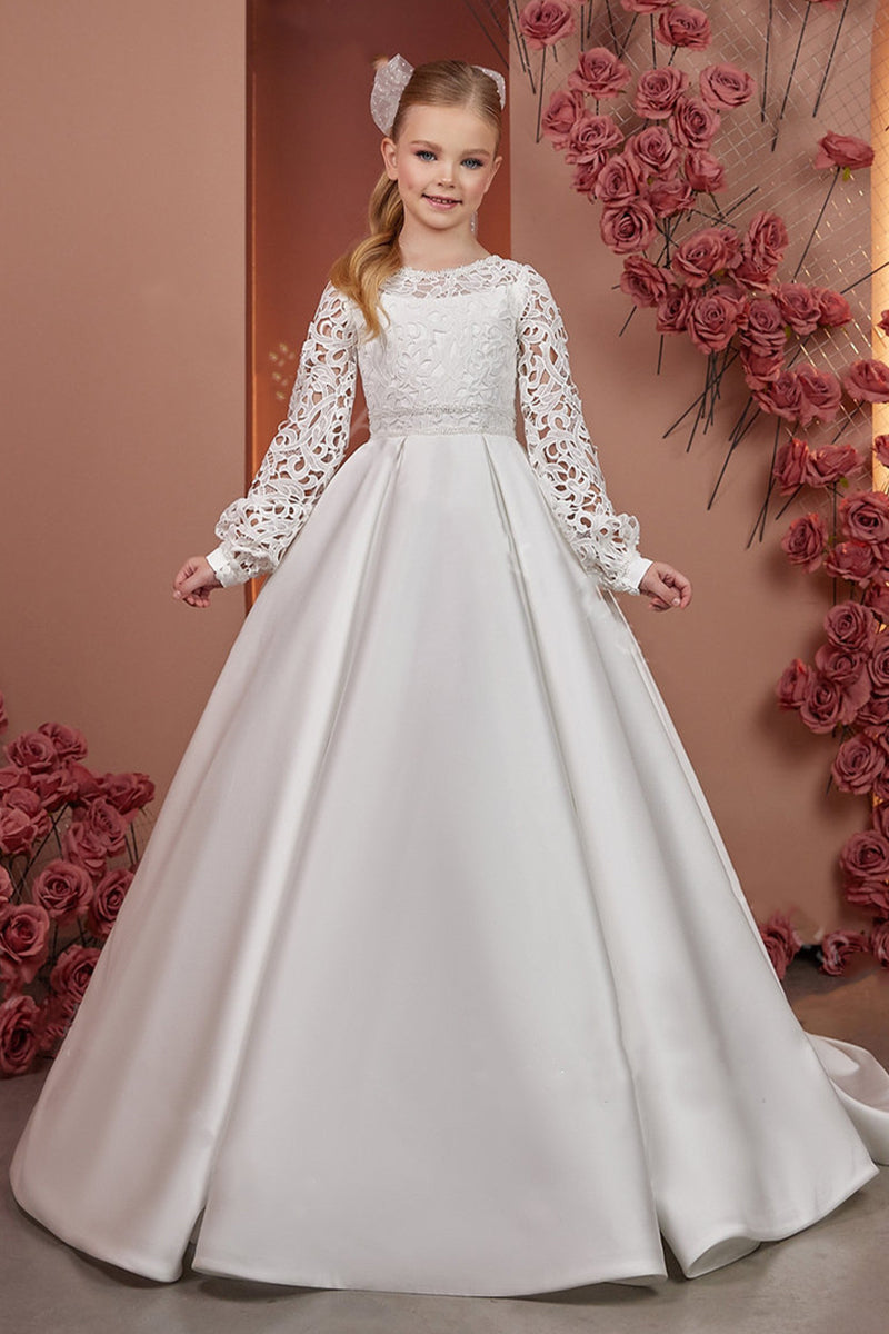 A-Line Scoop Neck Long Sleeve Satin Sweep-Brush Train Flower Girl Dresses With Lace 738781084079