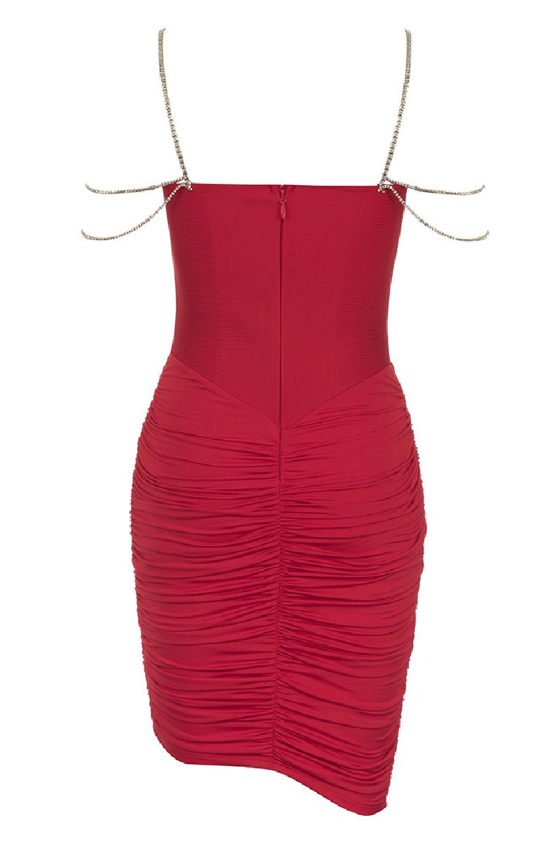 Red sexy stretch slim-fit pleated hip bandage red cocktail dress 796057487832