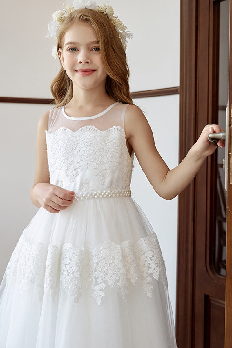 A-Line Illusion Neck Tulle Maxi Flower Girl Dresses 778034985750