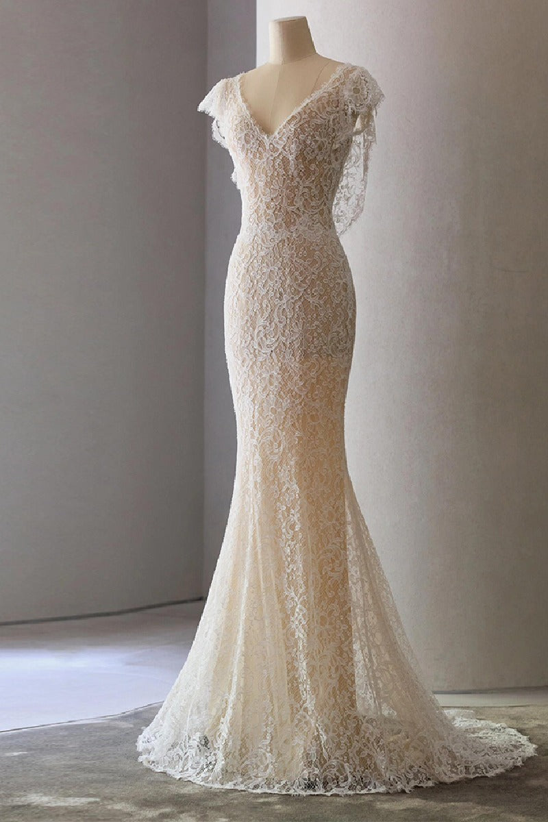 Trumpet-Mermaid Sweep-Brush Train Lace Wedding Dress 802161905314