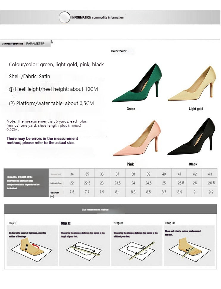 Stylish and simple super high heels slim heels shallow mouth pointed sexy slim satin dress shoes 664584349468