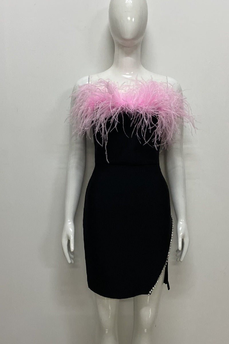 Feathered rhinestone top cocktail dress 737171051754