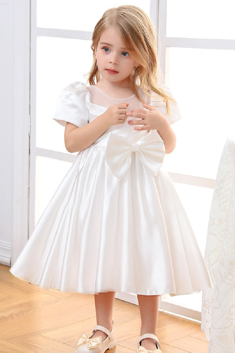 A-Line Illusion Neck Short Sleeves Satin Flower Girl Dresses With Bow(s)  669333816098