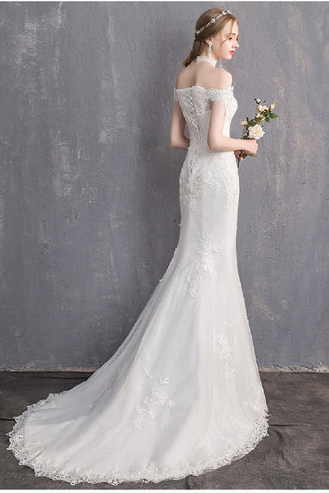 Trumpet-Mermaid Sweep-Brush Train Lace Wedding Dress 748293587296