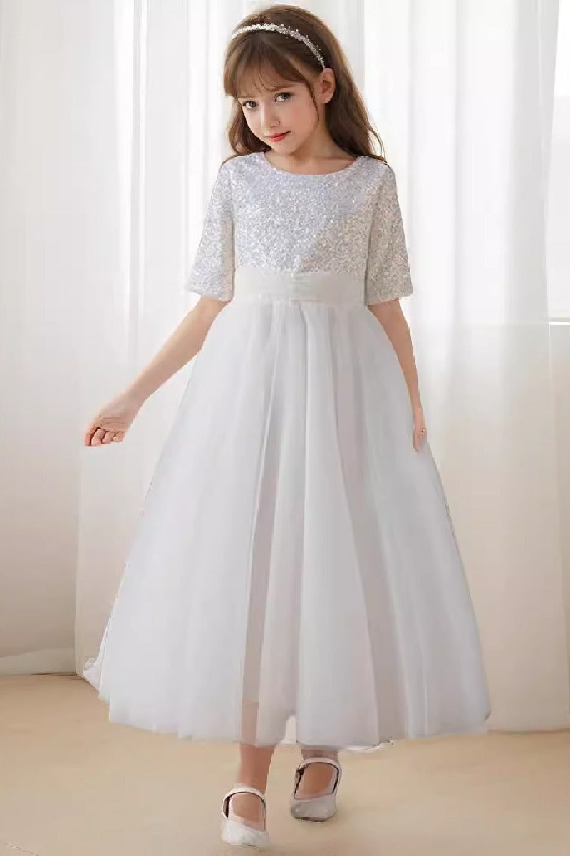 A-line/Princess Scoop Neck Tea-Length Tulle Sequined Flower Girl Dress 822092827358