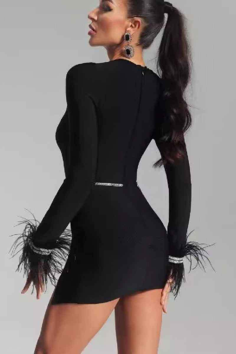 Feathered long sleeve little black dress bandage dress 799166656038