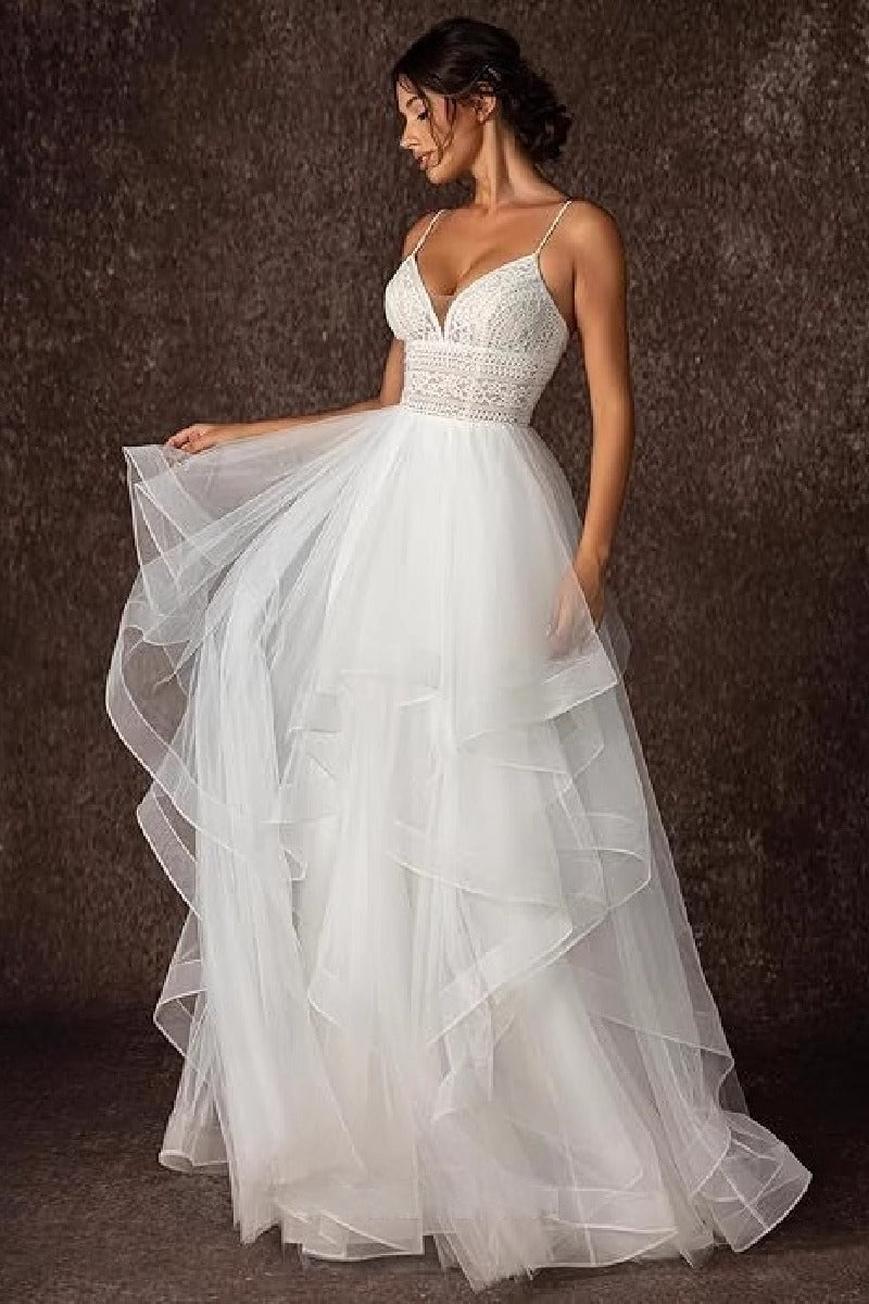 A-Line Sweep-Brush Train Lace Tulle Wedding Dress 864326962533