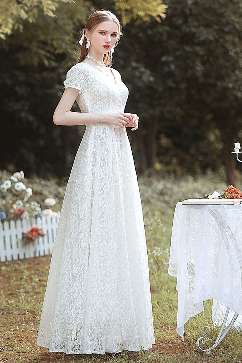 A-Line Floor Length Lace Wedding Dress 660344408093