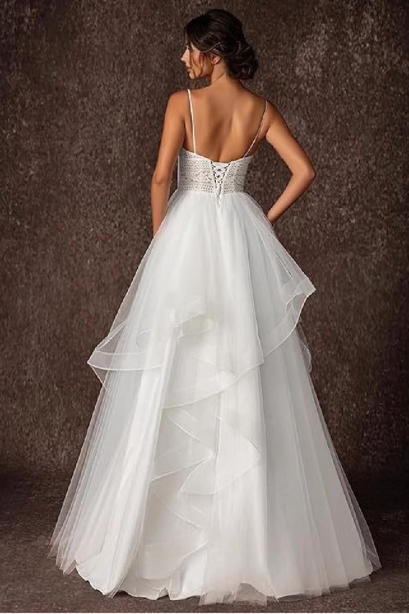 A-Line Sweep-Brush Train Lace Tulle Wedding Dress 864326962533