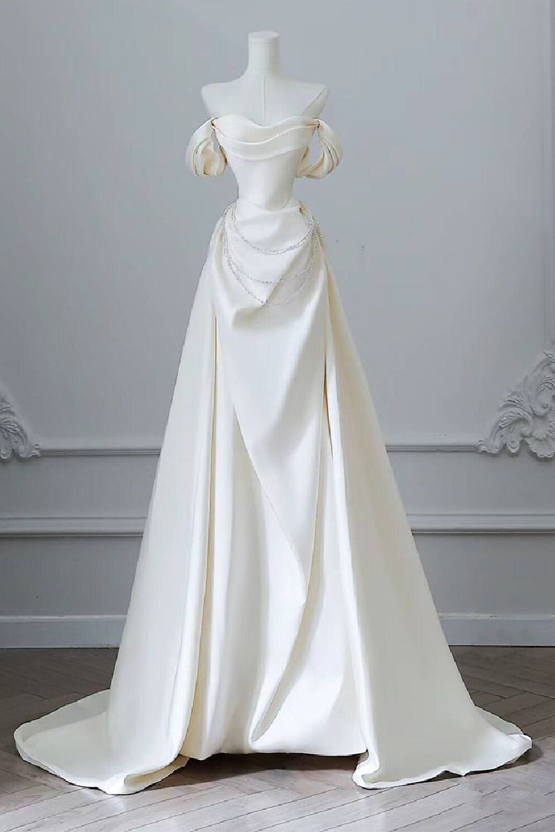 A-Line Sweep-Brush Train Satin Wedding Dress 827070473269