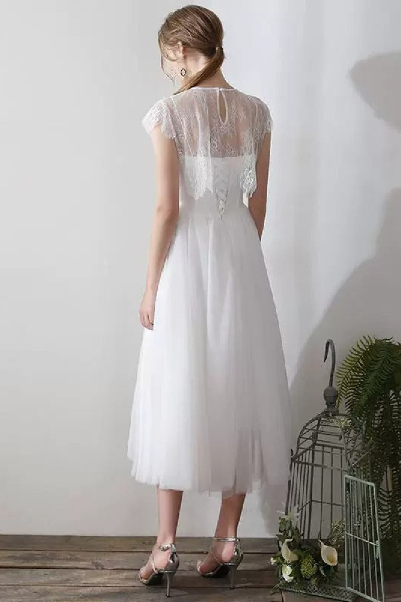 A-Line Tea Length Lace Tulle Wedding Dress 862471719437