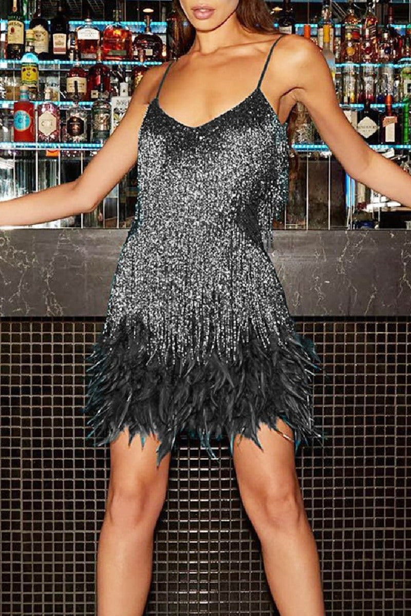 Fringed sequin sexy V-neck halter feather patchwork dress 715257715853