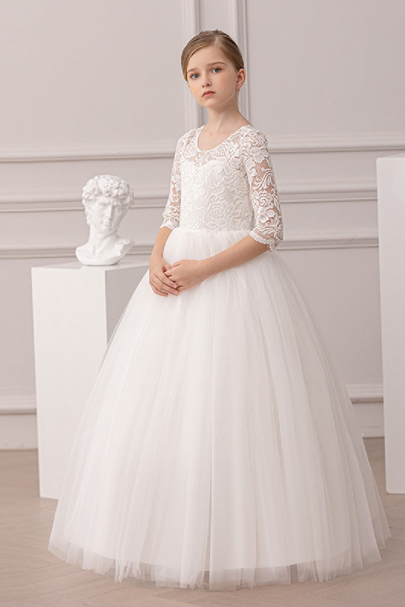 Ball-Gown Illusion Neck 3/4 Length Sleeve Lace/Tulle Flower Girl Dresses With Lace 855880153423