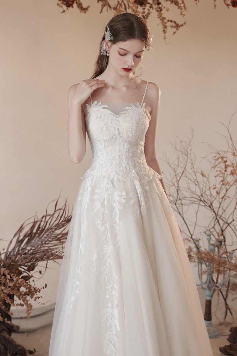 A-Line Ankle Length Lace Tulle Wedding Dress 820734030790