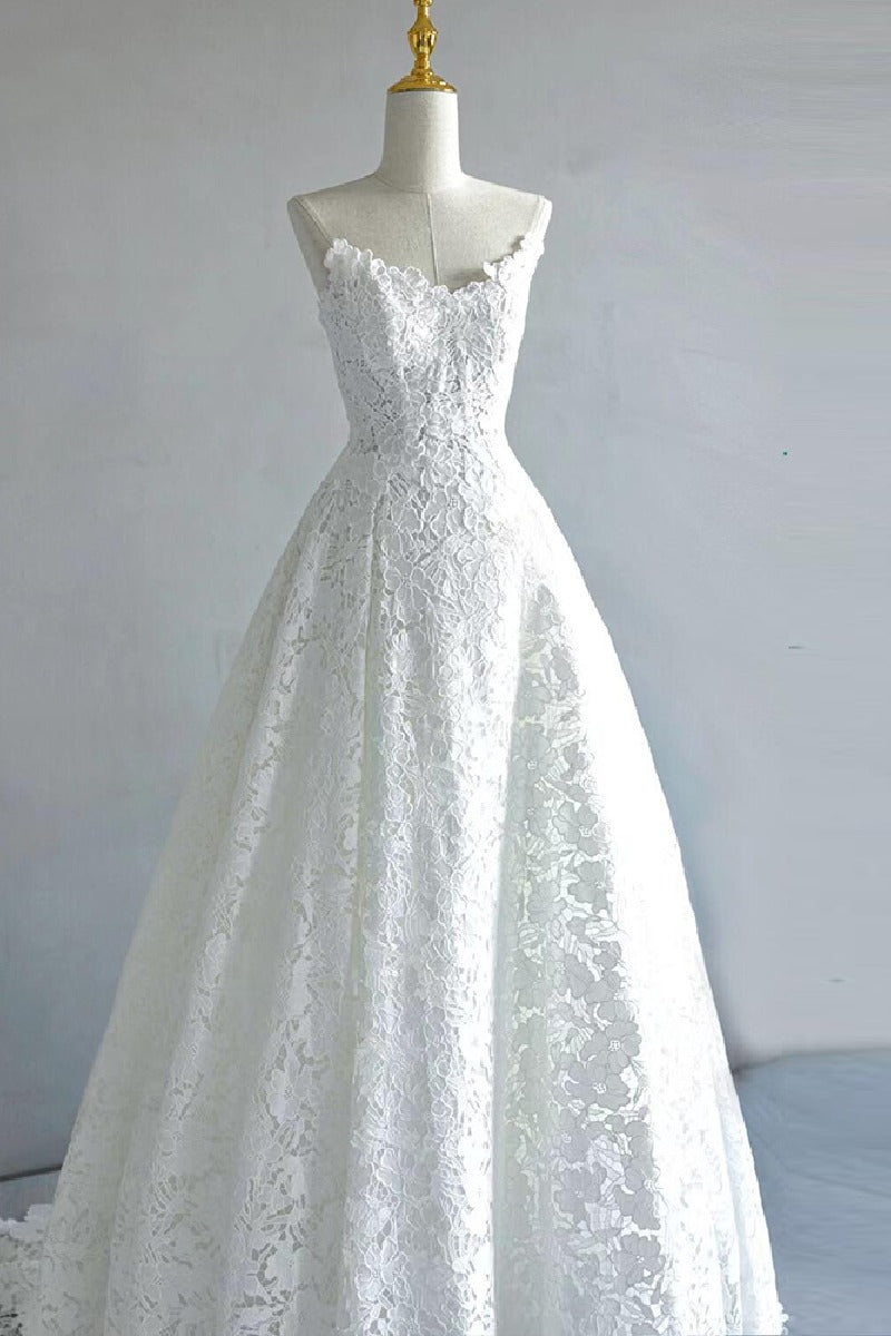 A-Line Sweep-Brush Train Lace Wedding Dress 828423890551