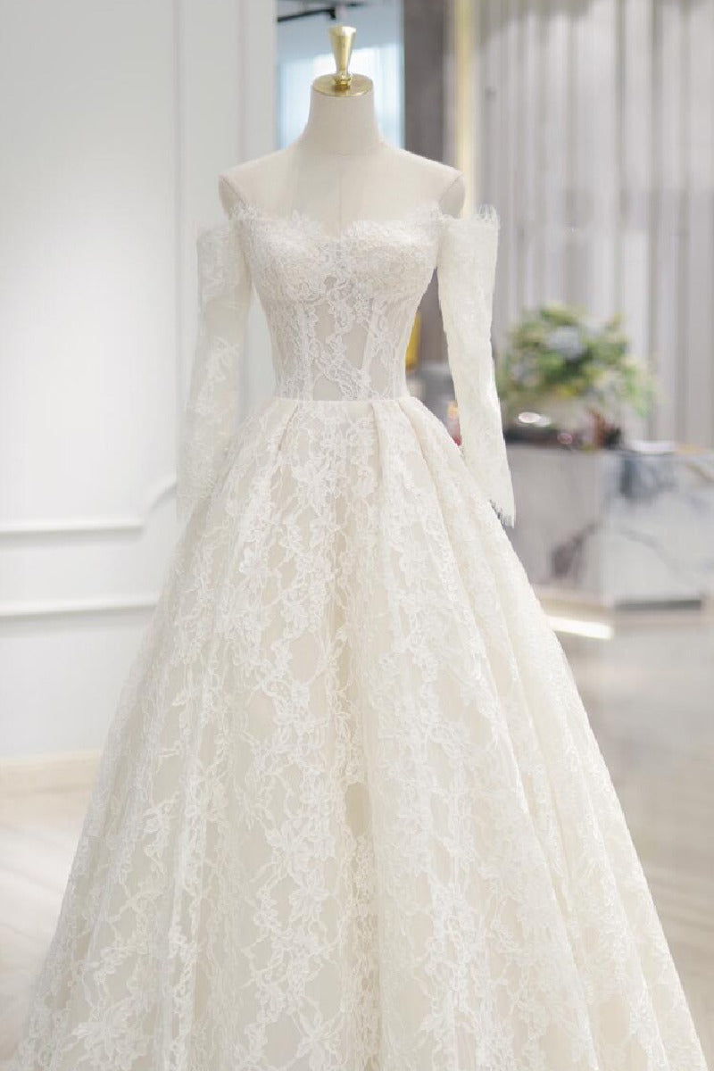 A-Line Sweep-Brush Train Lace  Wedding Dress 843985458463