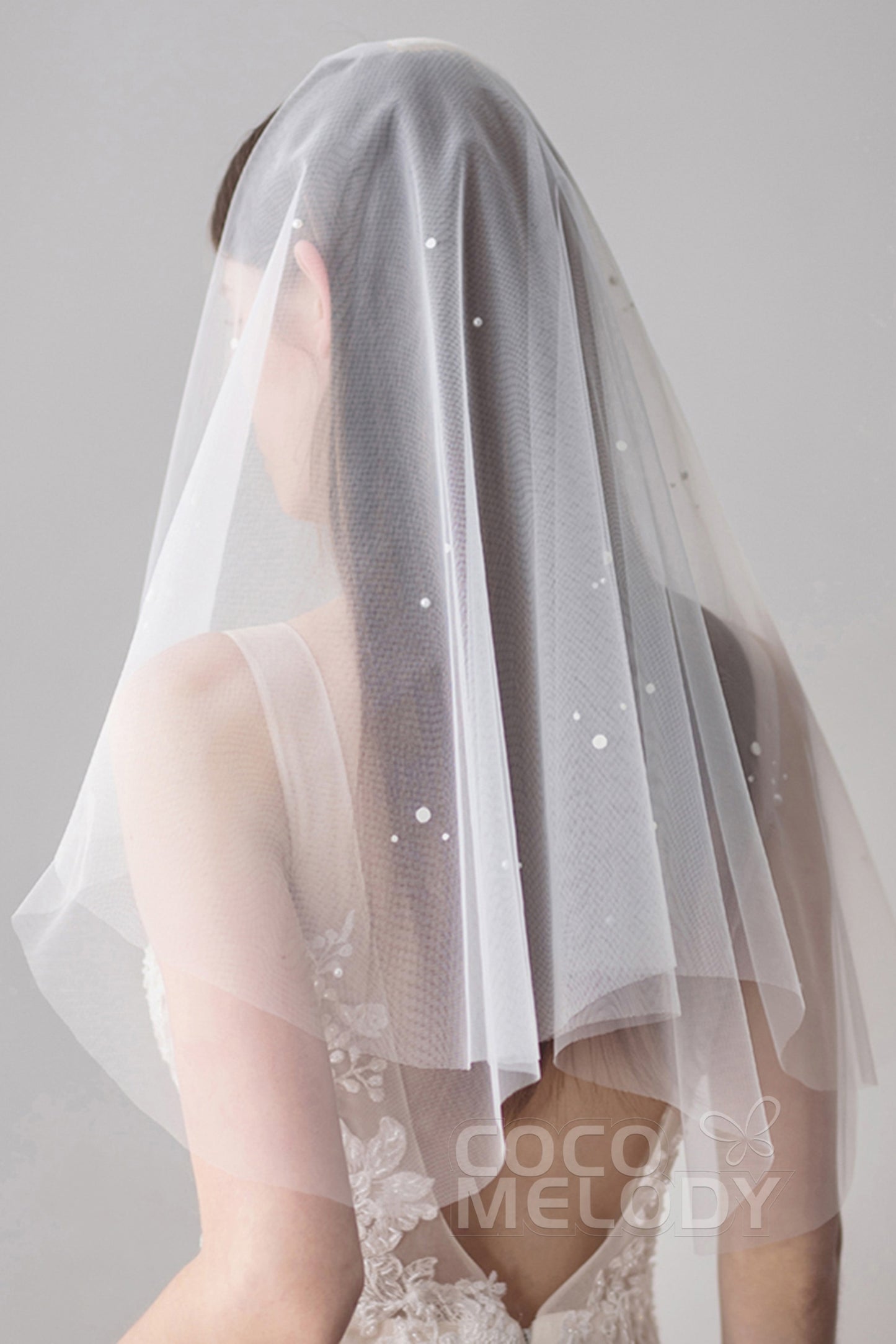 Two-tier Cut Edge Tulle Elbow Veils with Pearls AV18029