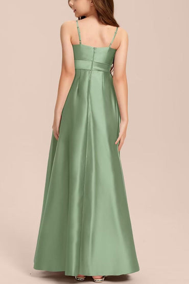 Satin Junior Bridesmaid Dress with Bow & Pockets B0C7KY63LX