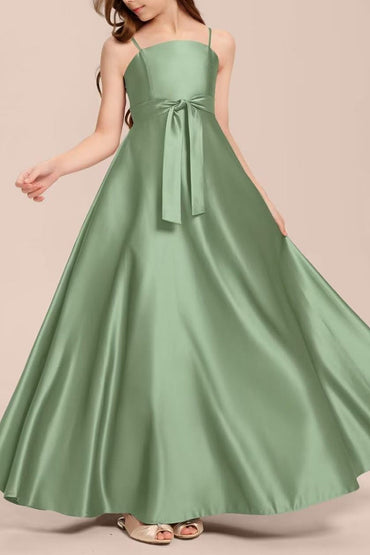 Satin Junior Bridesmaid Dress with Bow & Pockets B0C7KY63LX