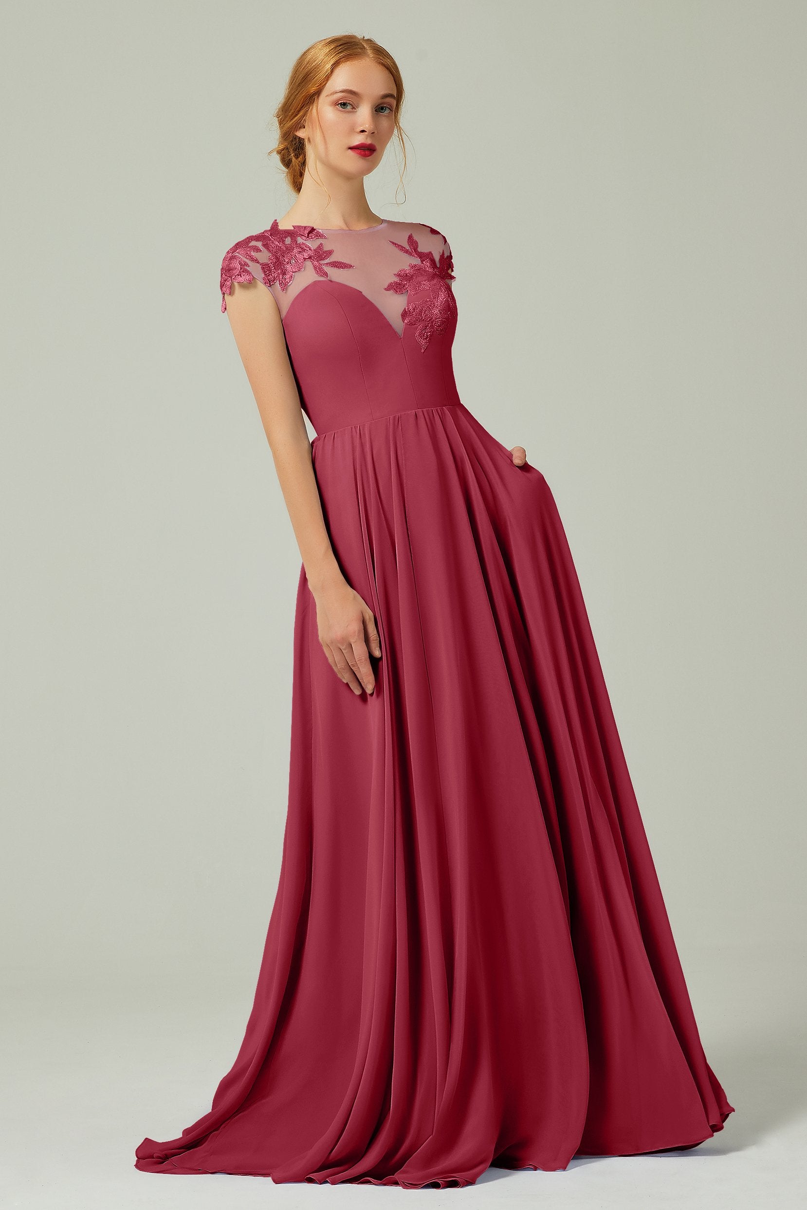 Bateau Cap Sleeve Zipper Buttons Bridesmaid Dress CB0248 COCOMELODY