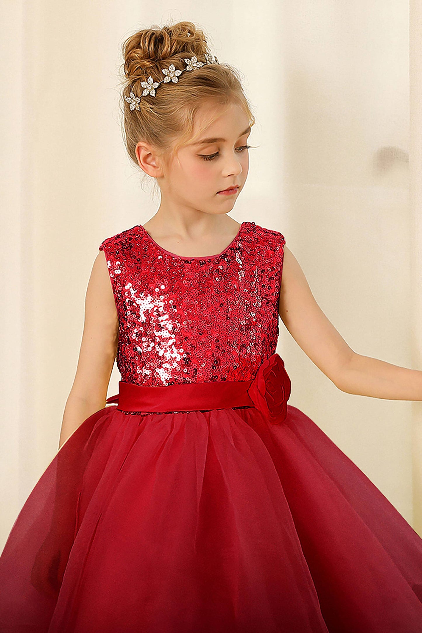 A-Line Floor Length Tulle Sequined Flower Girl Dress CF0281