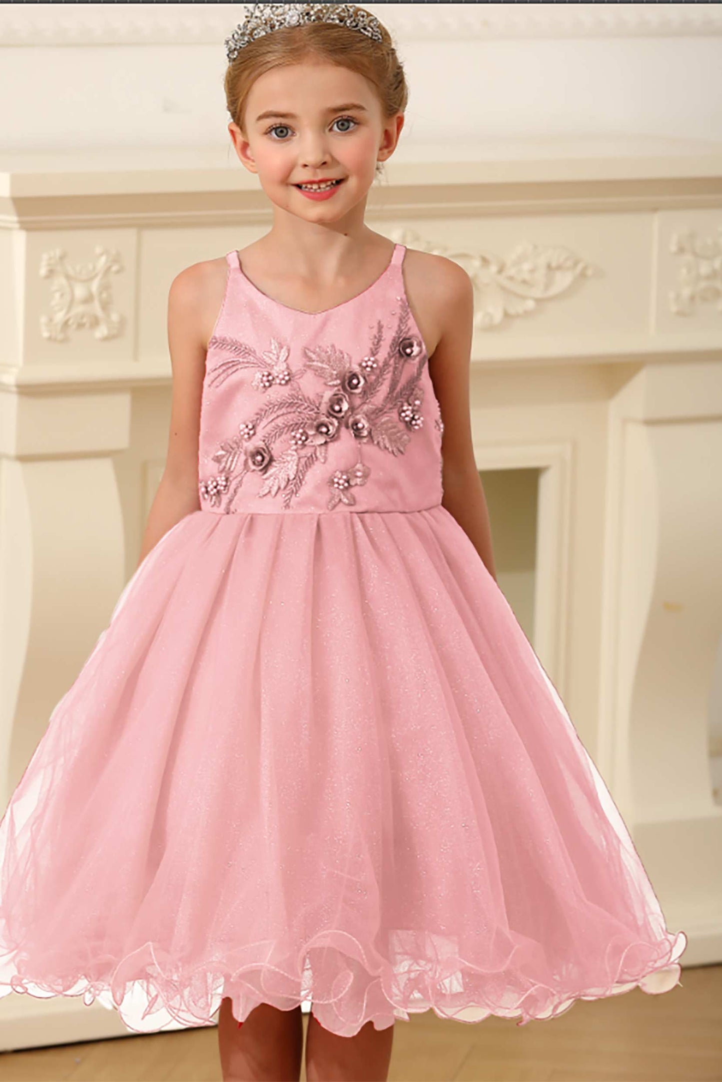 A-Line Tea Length Tulle Lace Flower Girl Dress CF0285