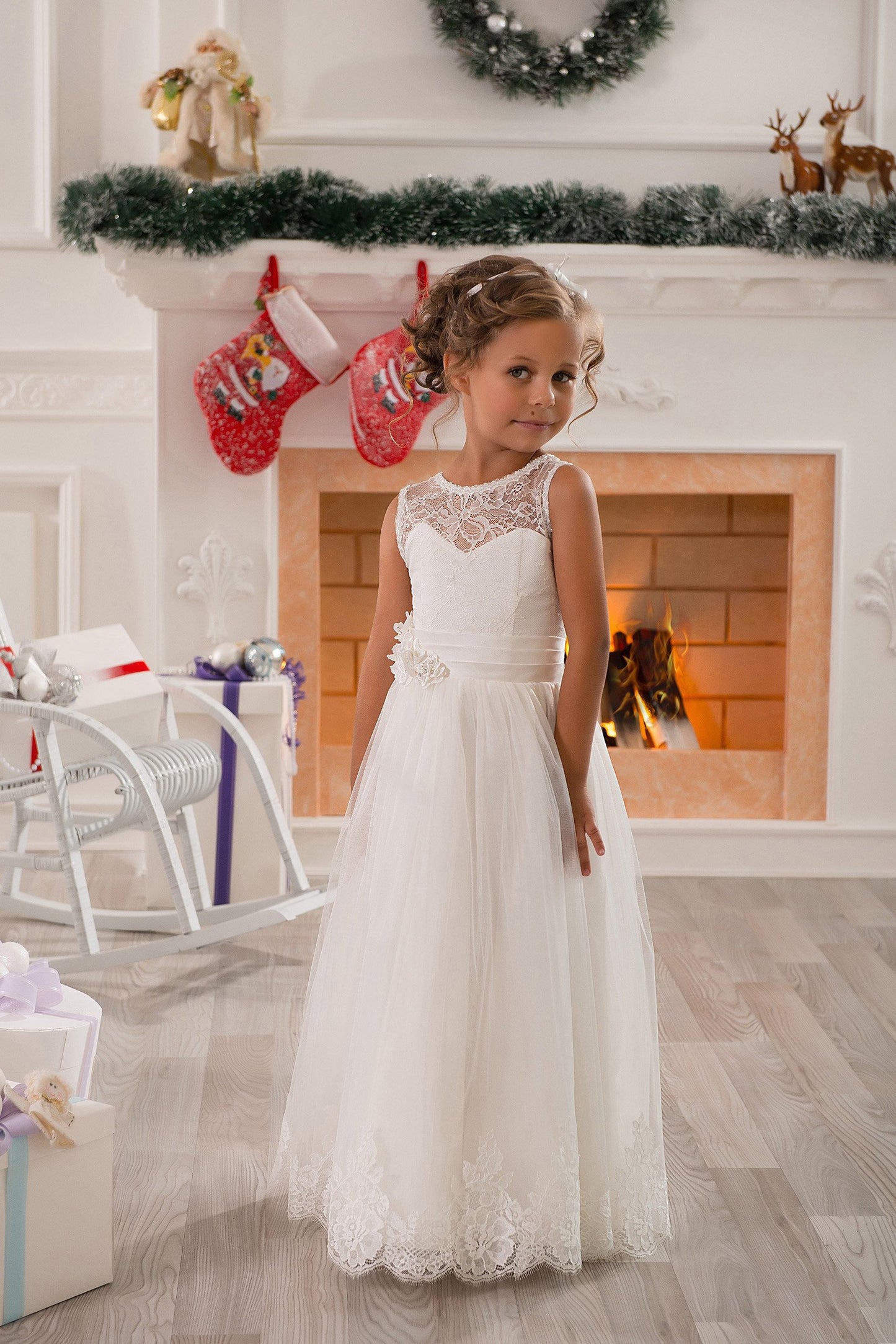 A-Line Floor Length Tulle Lace Flower Girl Dress CF0298