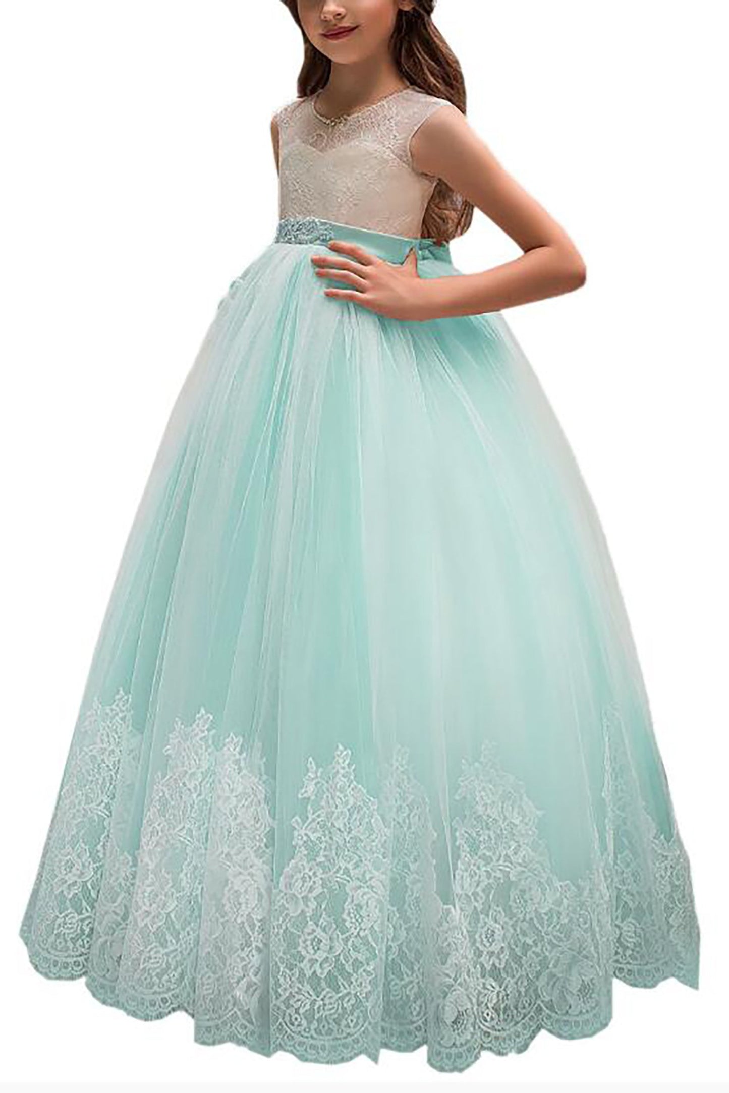 A-Line Floor Length Tulle Lace Flower Girl Dress CF0311