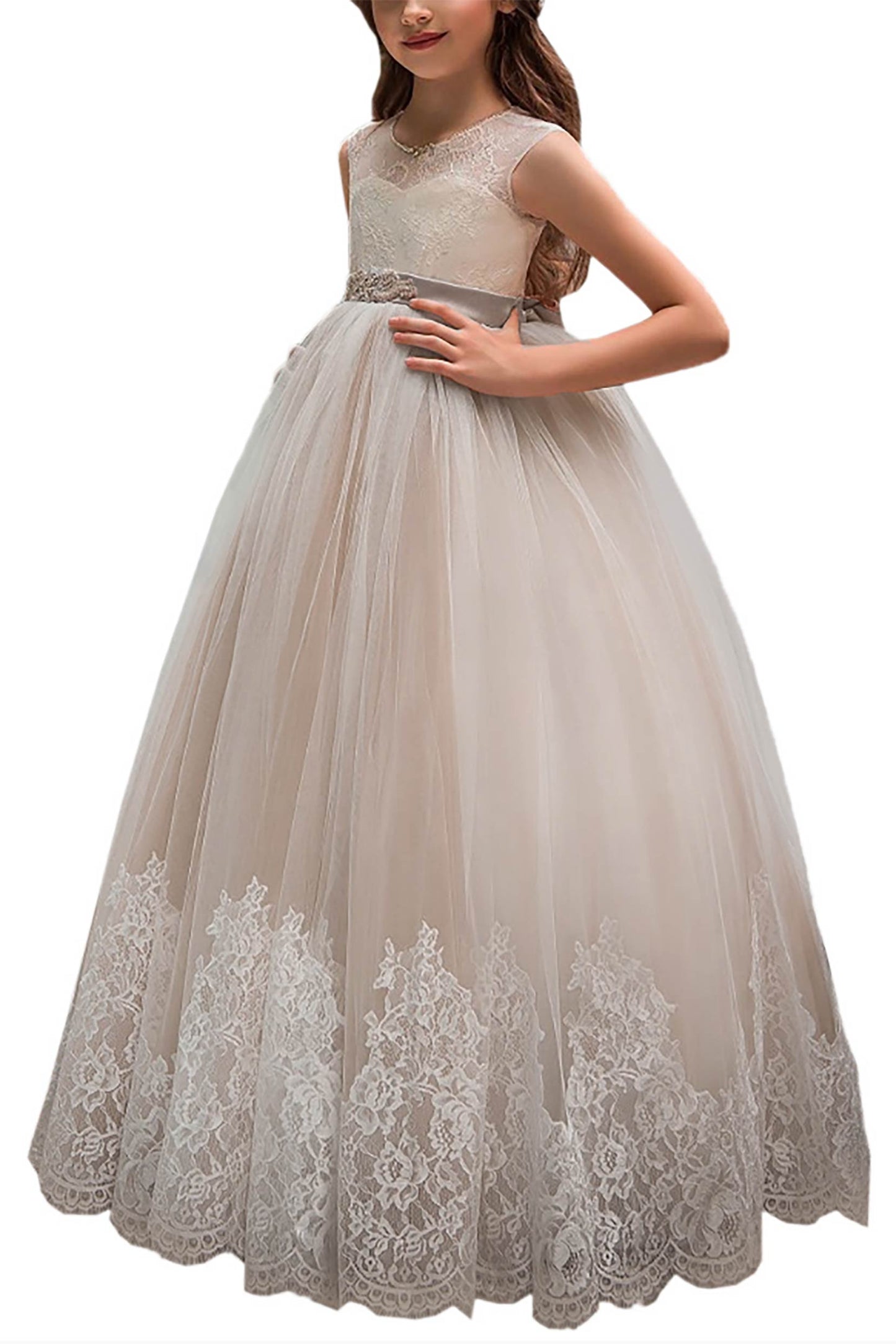 A-Line Floor Length Tulle Lace Flower Girl Dress CF0311