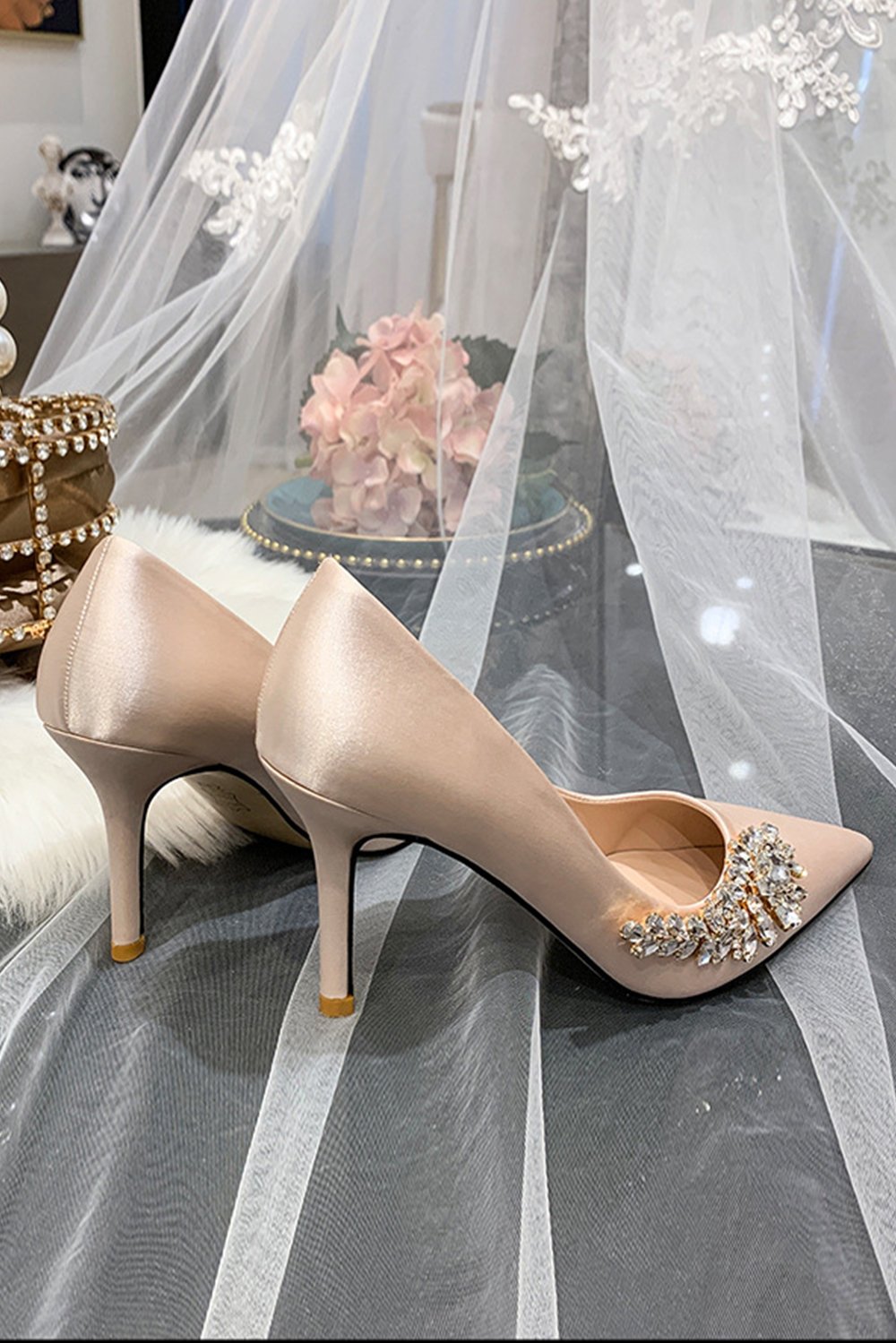 Stiletto Heel 9cm Satin Heels Bridal Shoes CK0129 7 Days Champagne EUR41 UK10 US12