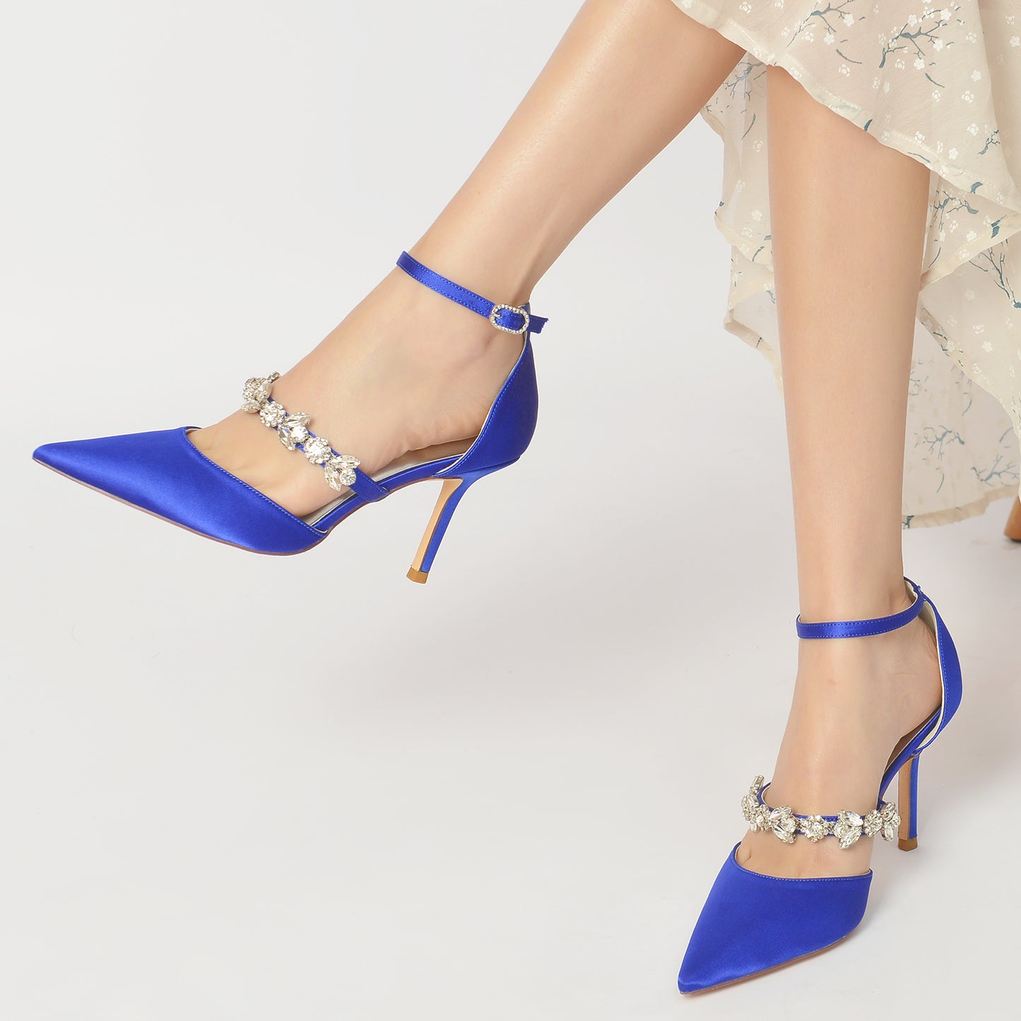 Blue Rhinestone Ankle Strap Pointy Stiletto Heels CK0131