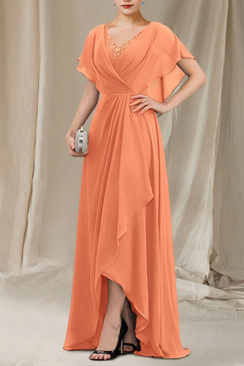 A-Line Sweep-Brush Train Chiffon Dress CM0080