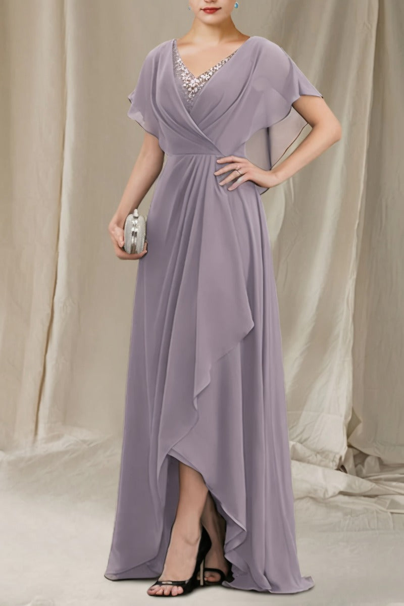 A-Line Sweep-Brush Train Chiffon Dress CM0080