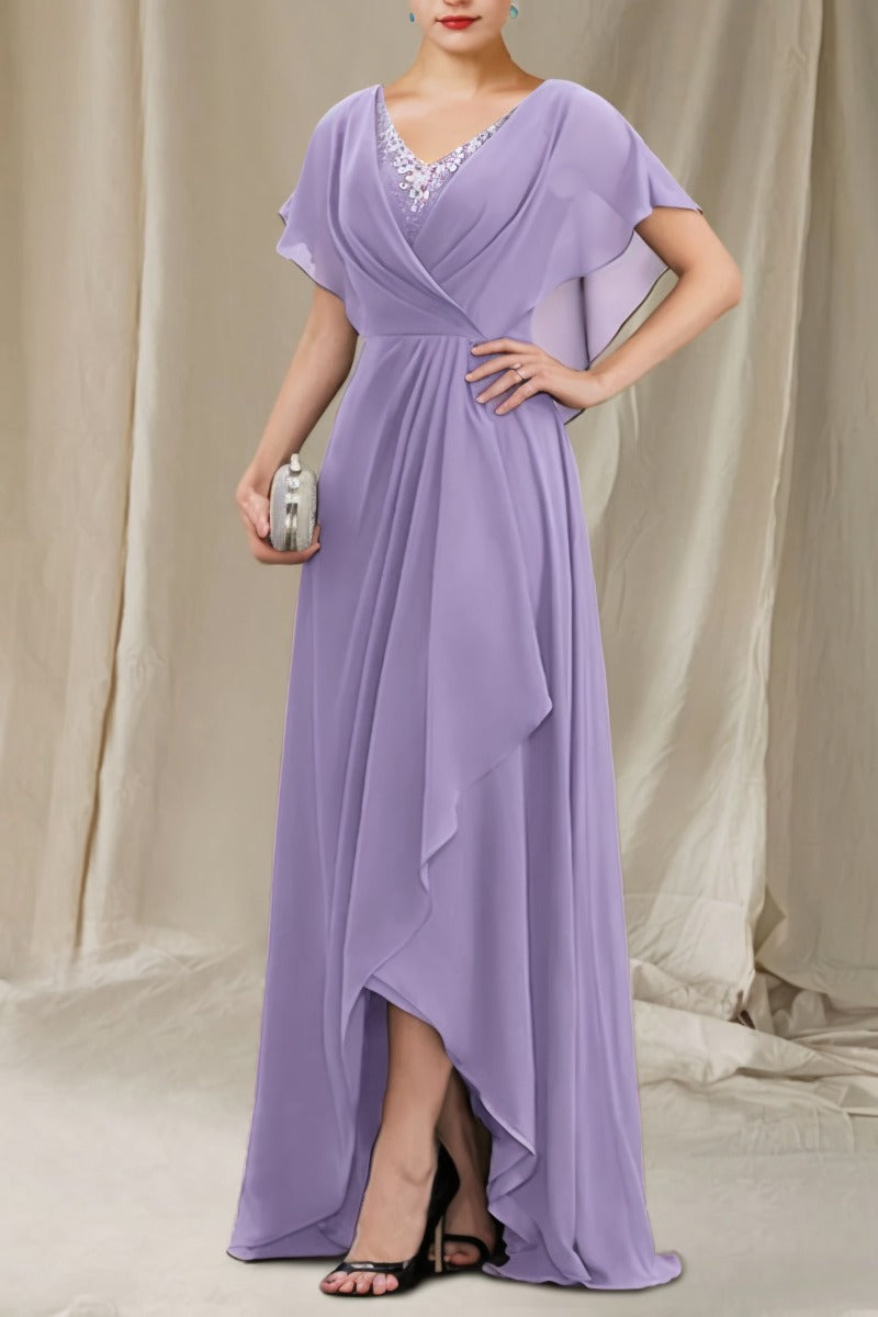 A-Line Sweep-Brush Train Chiffon Dress CM0080