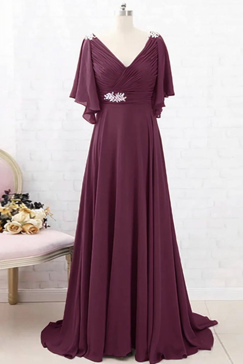 A-Line Sweep-Brush Train Chiffon Dress CM0082