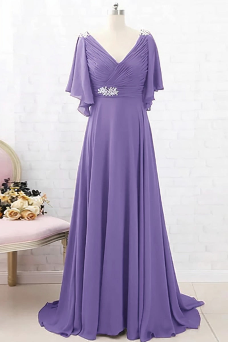 A-Line Sweep-Brush Train Chiffon Dress CM0082