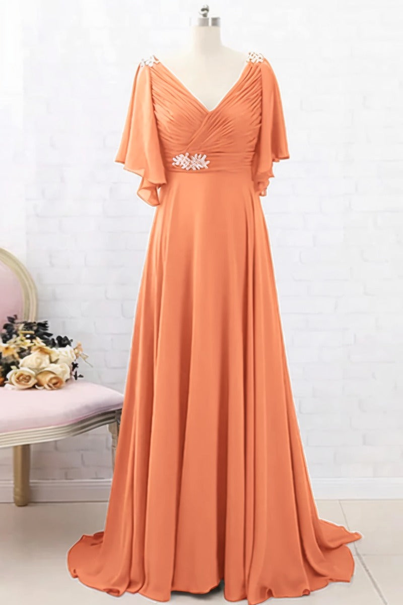 A-Line Sweep-Brush Train Chiffon Dress CM0082