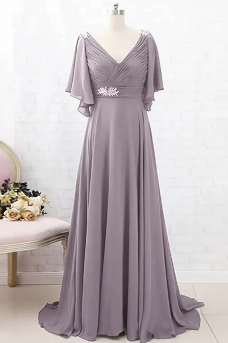 A-Line Sweep-Brush Train Chiffon Dress CM0082