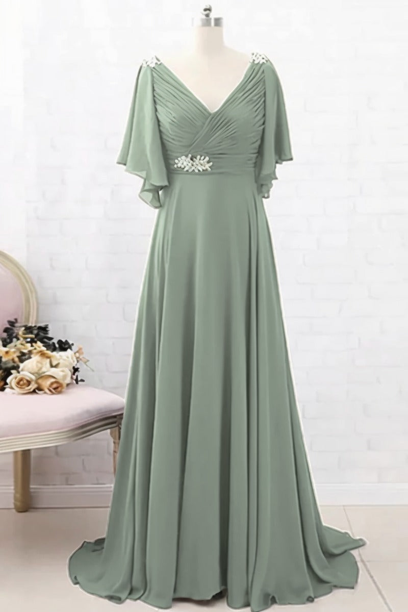 A-Line Sweep-Brush Train Chiffon Dress CM0082