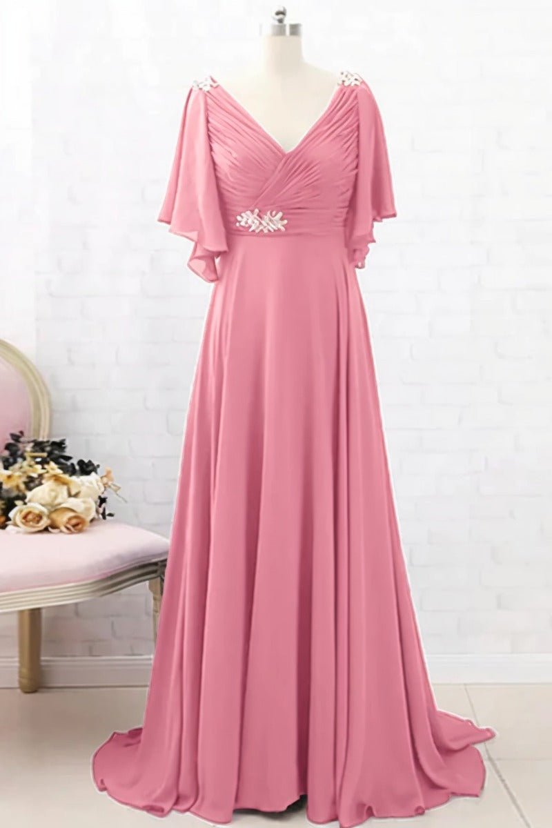 A-Line Sweep-Brush Train Chiffon Dress CM0082