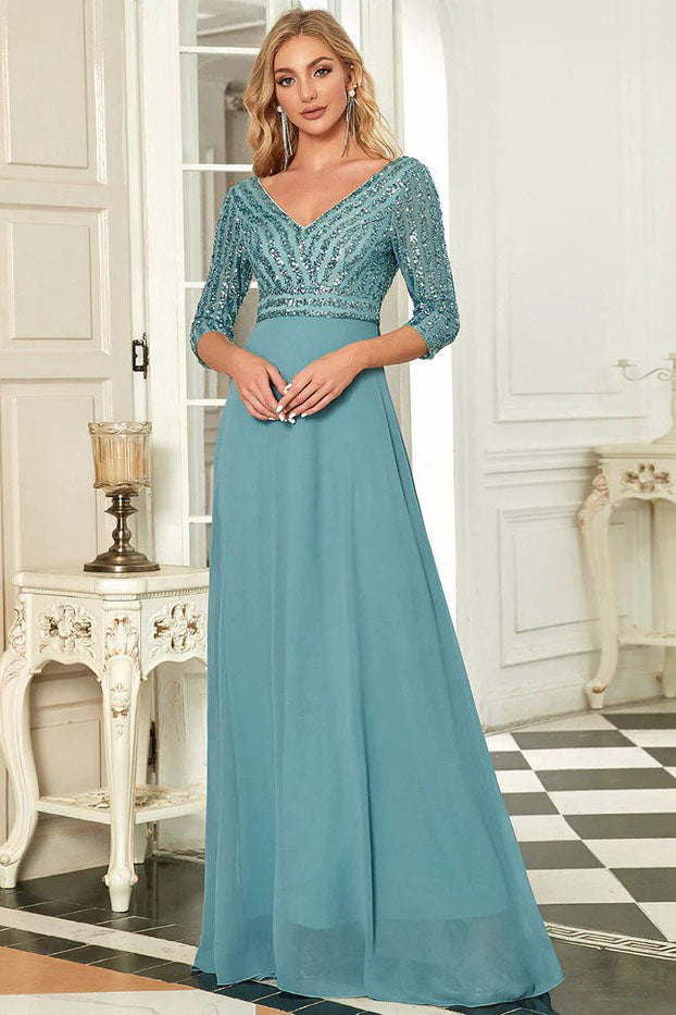 A-Line Floor Length Sequined Lace Dress CM0184