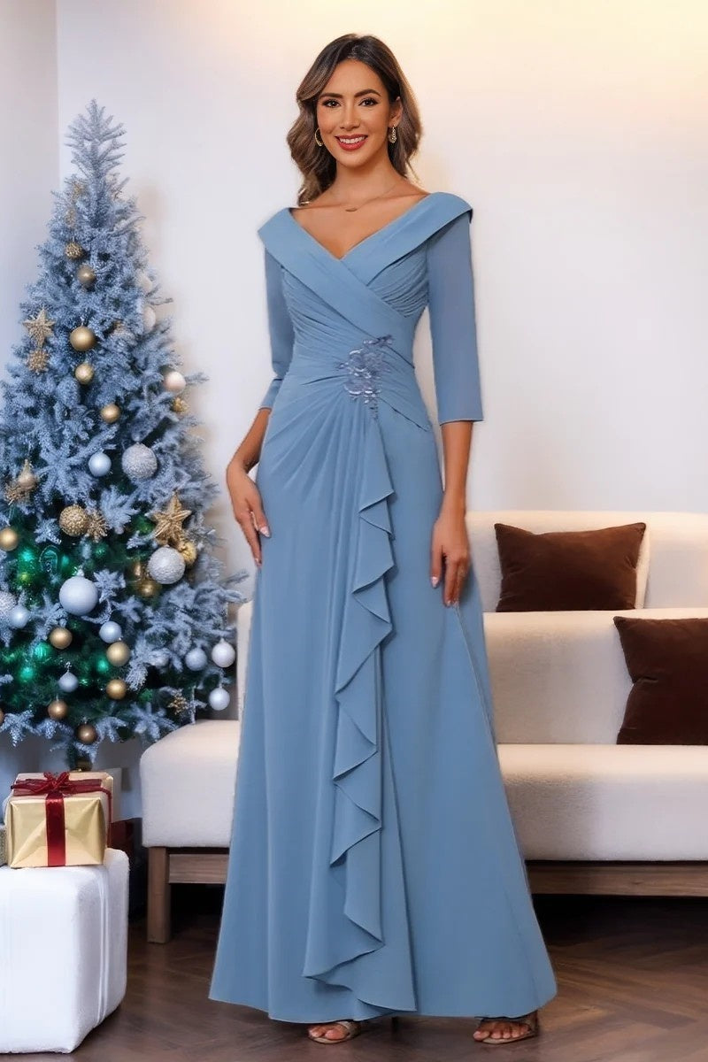 V Neck 3/4 Length Sleeves Floor Length Unique Mother Dresses CM0345