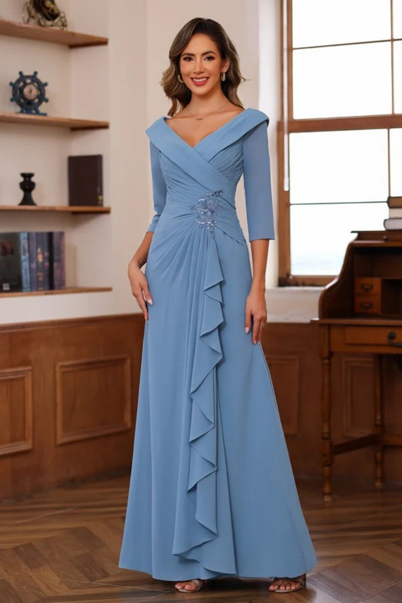 V Neck 3/4 Length Sleeves Floor Length Unique Mother Dresses CM0345