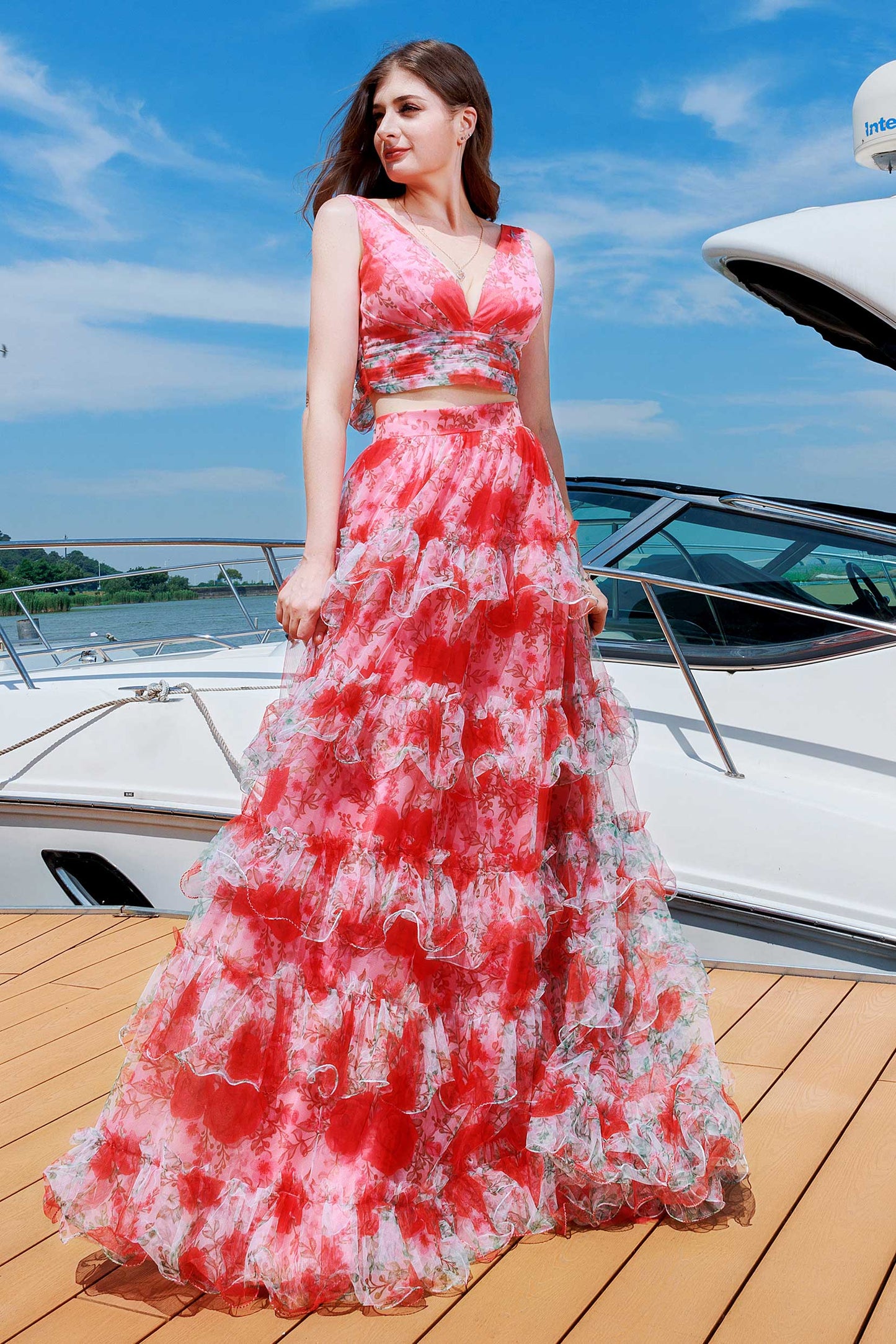 Two-Piece Sweep-Brush Train Figured Cloth Prom Dress CS0482