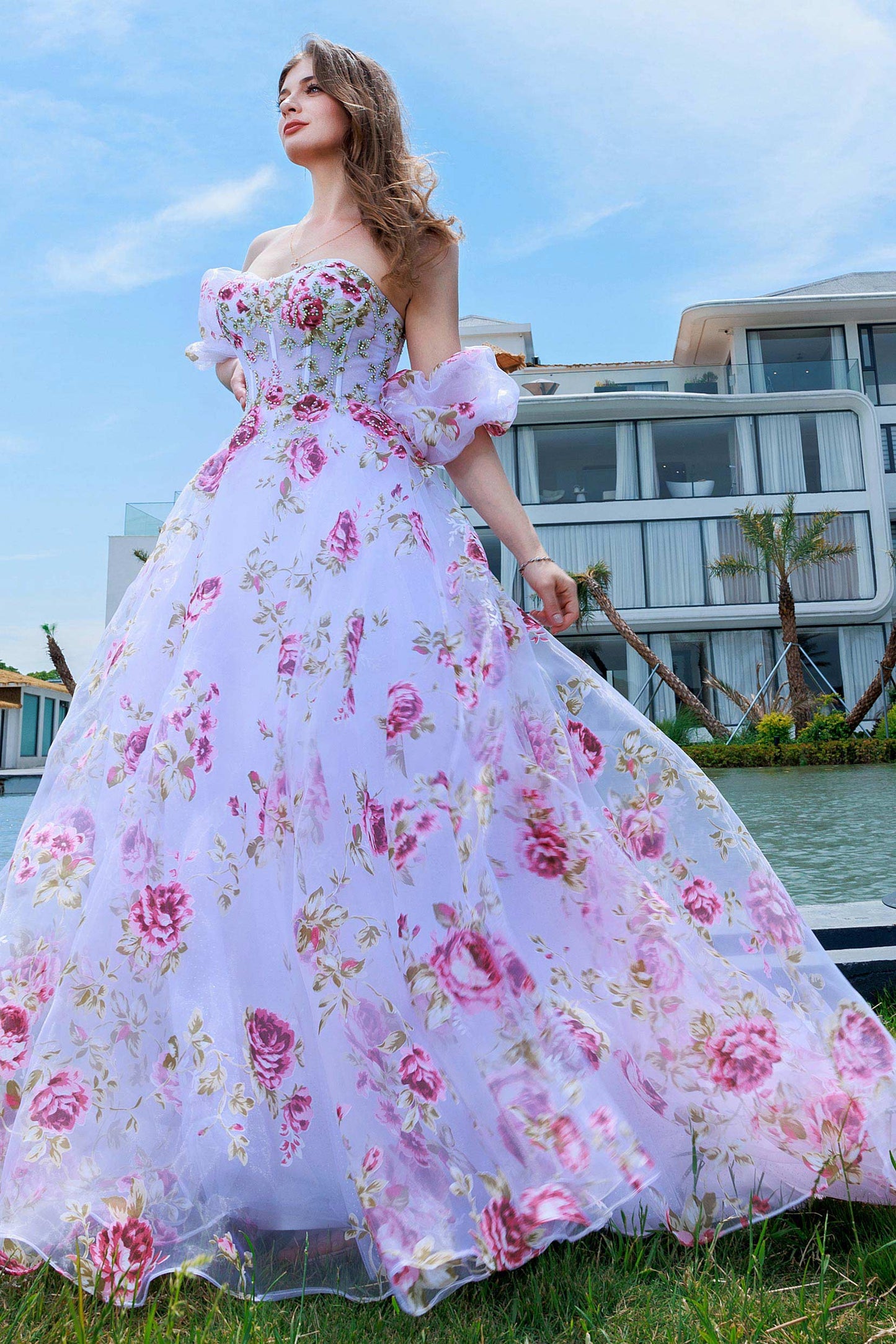 A-Line Sweep-Brush Train Figured Cloth Prom Dress CS0495