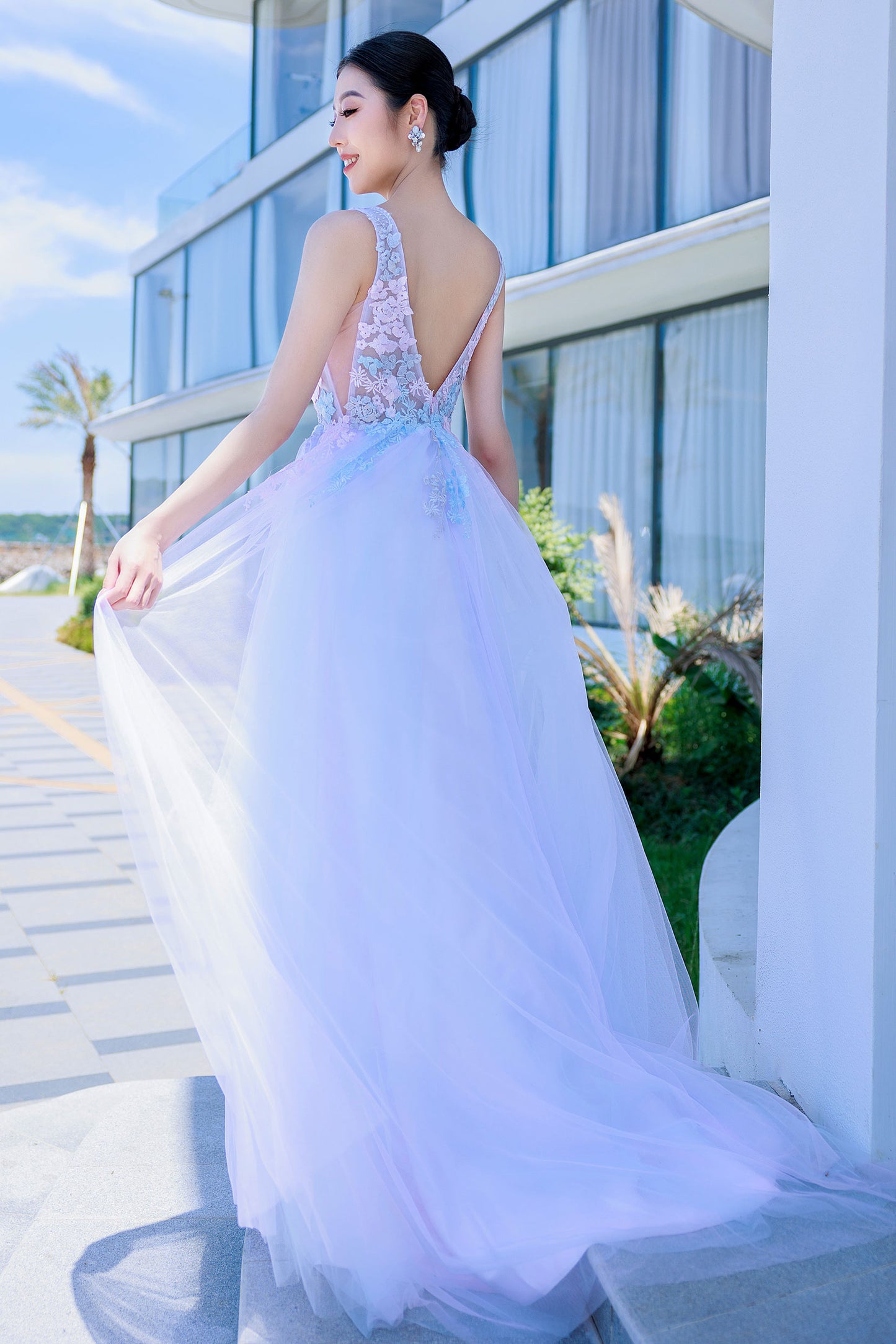 A-Line Sweep-Brush Train Tulle Prom Dress CS0504