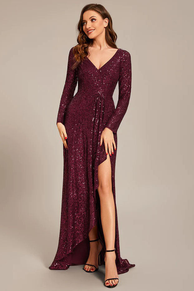 Asymmetrical Sweep-Brush Train Sequined Dress CS0389