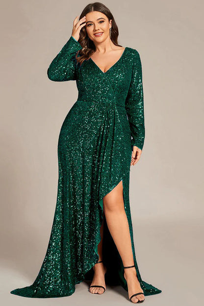 Asymmetrical Sweep-Brush Train Sequined Dress CS0389