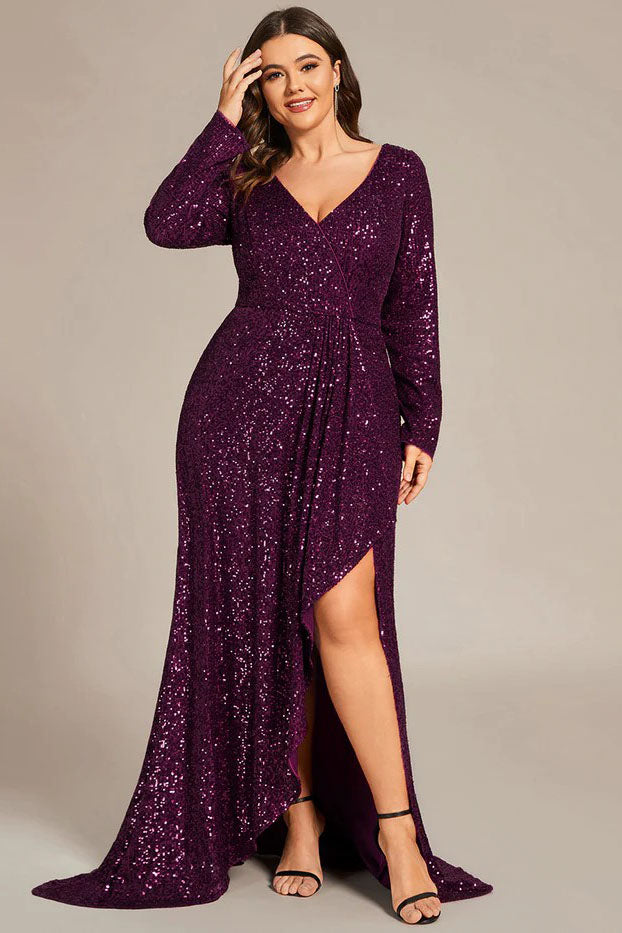 Asymmetrical Sweep-Brush Train Sequined Dress CS0389