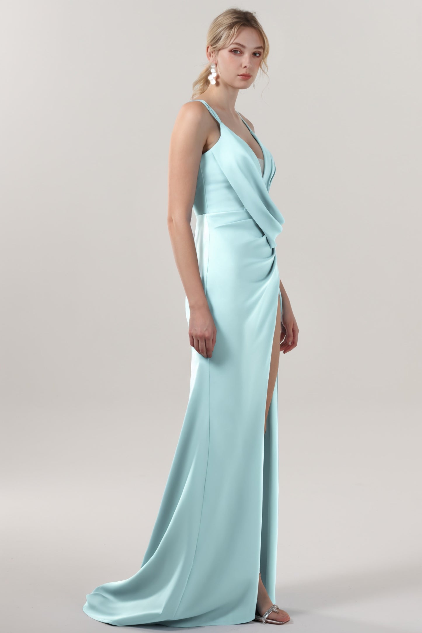 Sheath-Column Sweep-Brush Train Stretch Crepe Formal Dress CS0594